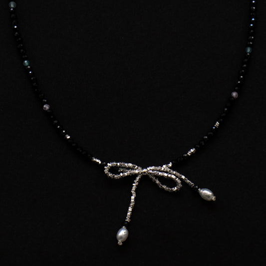 Black Stone and Silver Bow Necklace