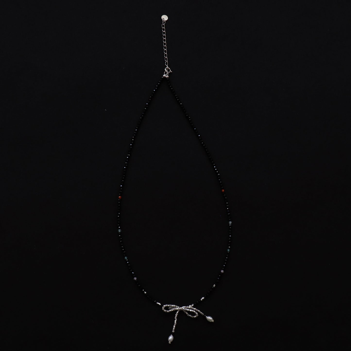 Black Stone and Silver Bow Necklace