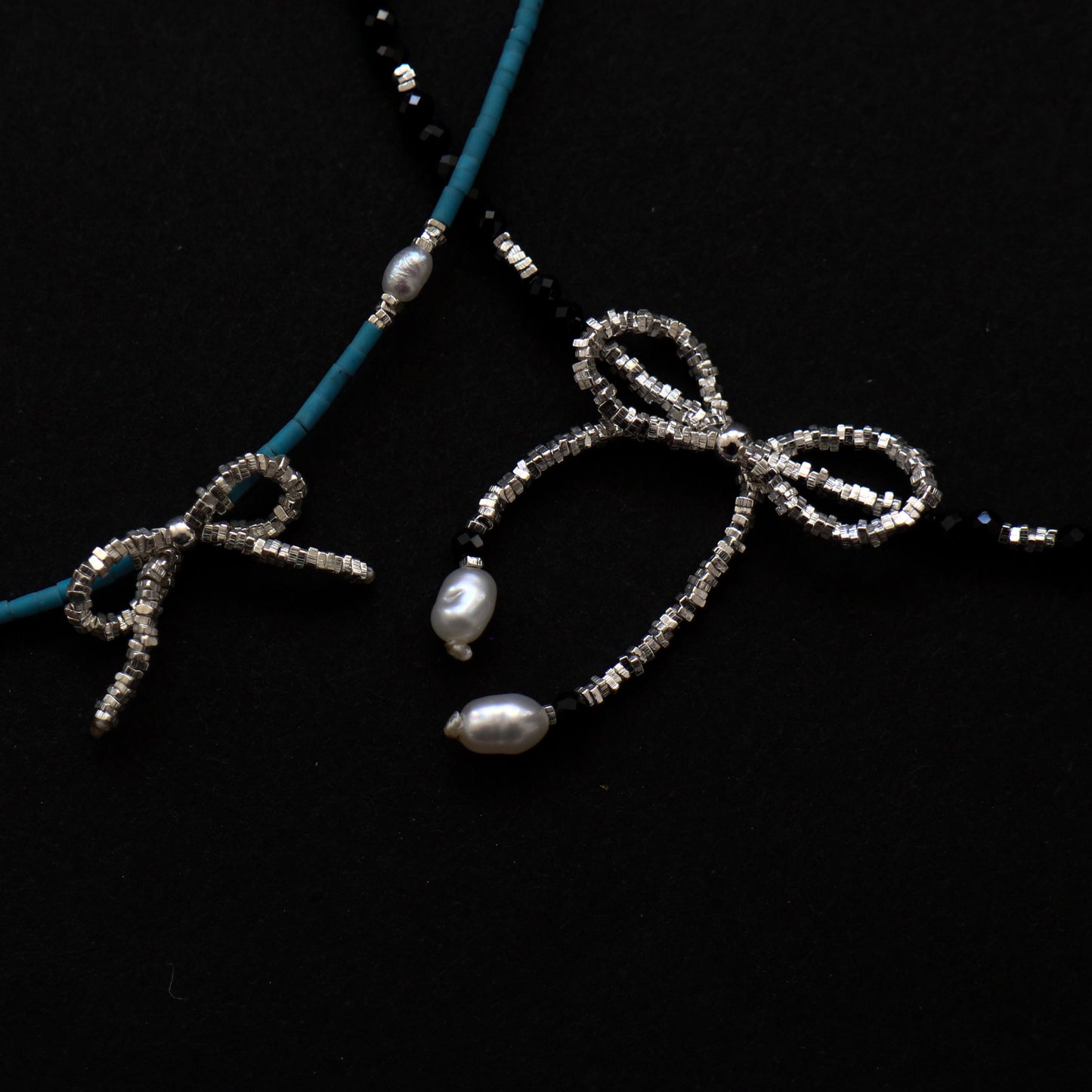 Black Stone and Silver Bow Necklace